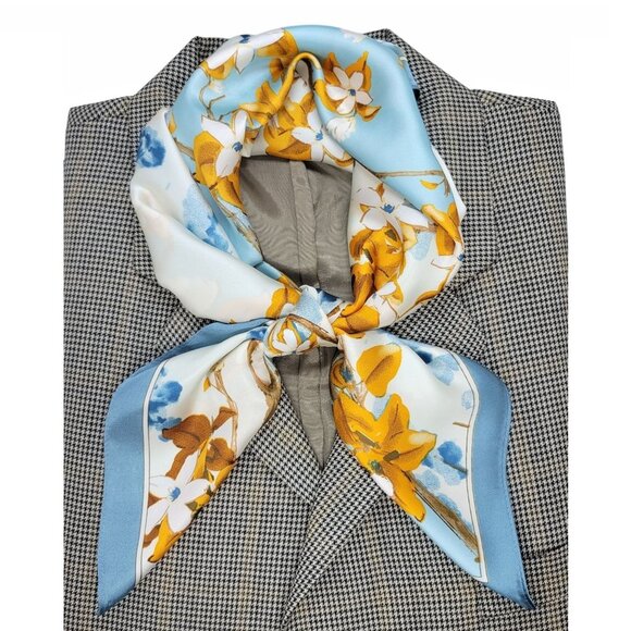 Unbranded Other - Luxurious Elegant Silky Square Scarf Blue White Orange Floral Blossom Wrap hijab